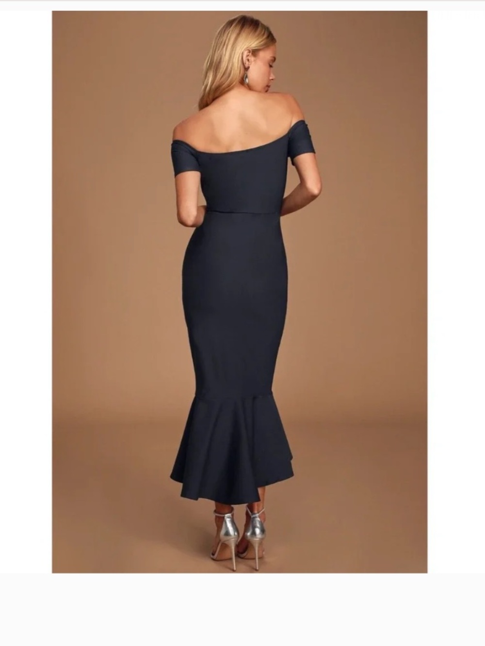 Lulu’s How Much I Care Midnight Navy Blue Off-the-Shoulder Midi Dress Small - Picture 4 of 10